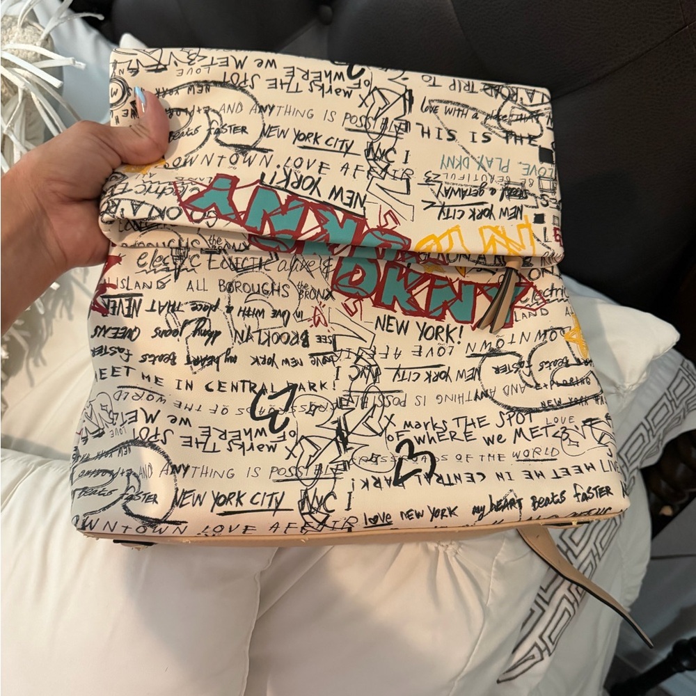 DKNY Cream Graffiti Fold-Over Clutch with Multicolor Accent